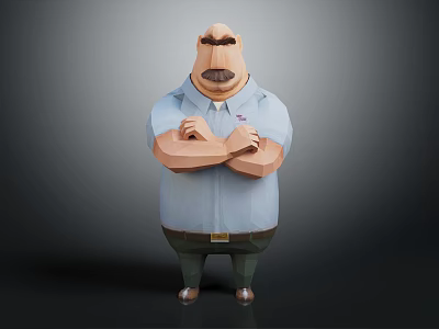 Cartoon Male Character 3D Model Light Blue Shirt Arms Crossed Mustache Standing Pose 3d model