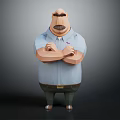 Cartoon Male Character 3D Model Light Blue Shirt Arms Crossed Mustache Standing Pose