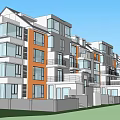 Modern Multi Story Apartment Building with Orange Gray Facade Multiple Balconies Front Lawn and Fence