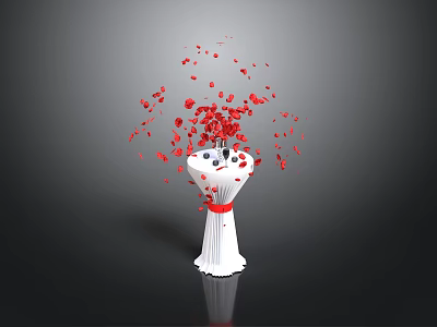 White Vase With Red Ribbon And Scattered Red Petals On Dark Surface 3d model