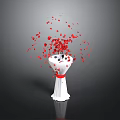 White Vase With Red Ribbon And Scattered Red Petals On Dark Surface