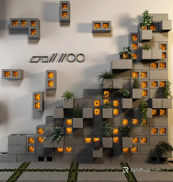 Modern Feature Wall Design With Cube Shaped Blocks Orange Lights And Green Plants 3d model