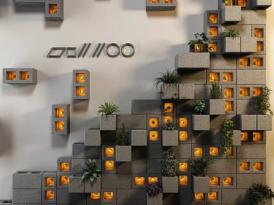 Modern Feature Wall Design With Cube Shaped Blocks Orange Lights And Green Plants 3d model