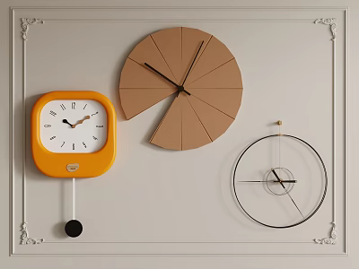 Three Unique Designed Clocks On Decorative Wall 3d model