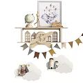 Kids Room Decorations With Wooden Toy House Bunting Flags Clouds Climbing Ladder And Gym Rings