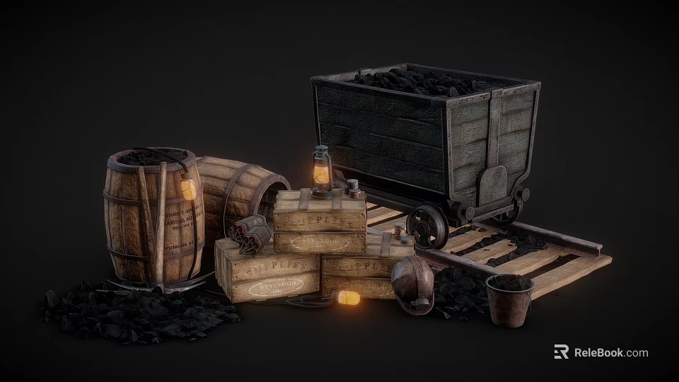 Vintage Coal Cart With Wooden Barrels Crates Lantern And Rail Tracks 3d model 