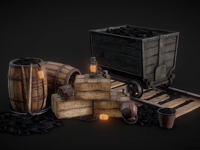 Vintage Coal Cart With Wooden Barrels Crates Lantern And Rail Tracks 3d model