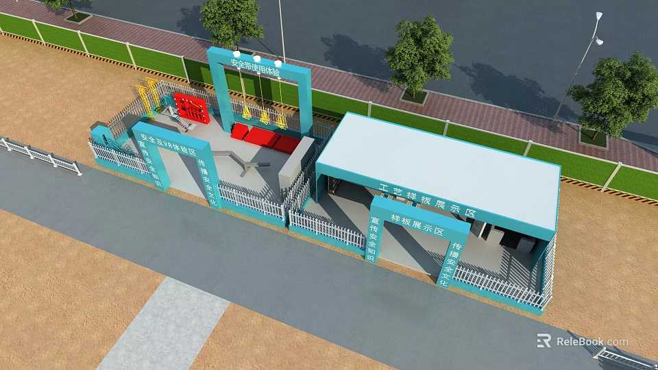 Blue Steel Structure Fencing Entrance Canopy For Construction Safety Experience Area With Green Fence Trees 3d model 