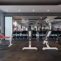 Modern Fitness Gym Interior With Pink Punching Bags Barbells Mirrors And Large Windows