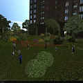 Residential Landscape With High Rise Building Lush Green Lawn Flower Beds And People Activities