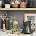 Modern Ceramic Kitchenware with Mugs Plates Bowls Teapot and Jars on Wooden Shelves