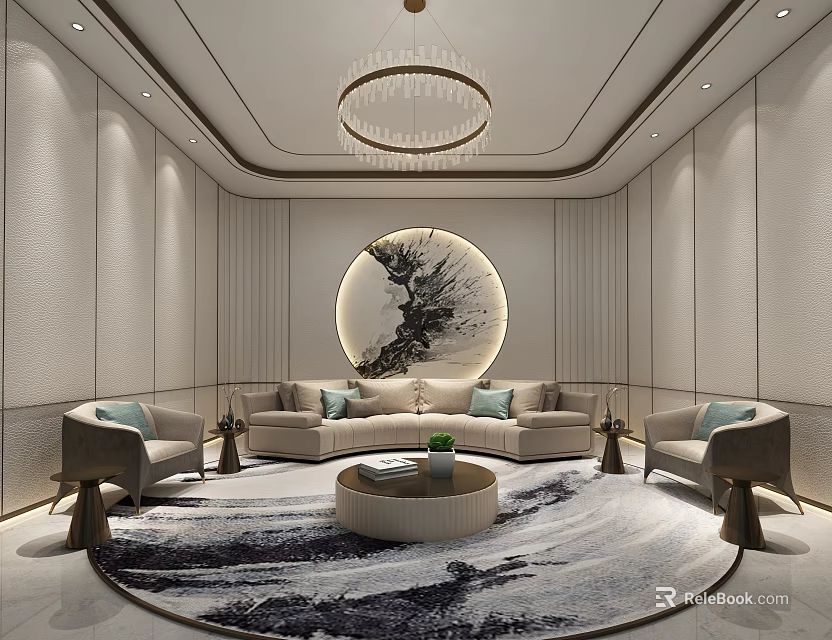 Elegant Living Room Interior With Circular Ink Painting Beige Sofa Armchairs Circular Rug And Chandelier 3d model 