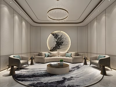 Elegant Living Room Interior With Circular Ink Painting Beige Sofa Armchairs Circular Rug And Chandelier 3d model