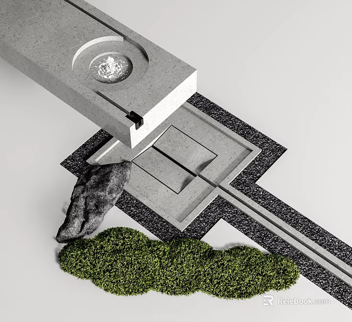 Modern Water Fountain Design With Concrete Structure Stone Accent And Greenery 3d model 