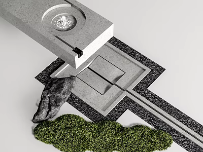 Modern Water Fountain Design With Concrete Structure Stone Accent And Greenery 3d model