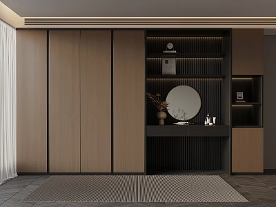 Modern Wooden Storage Cabinetry With Open Shelves Round Mirror And Decorative Items 3d model