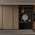 Modern Wooden Storage Cabinetry With Open Shelves Round Mirror And Decorative Items