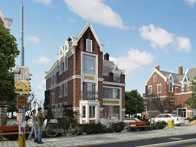 Red Brick Detached Villa With White Window Frames And Multi Story Design On Street Side 3d model