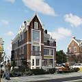 Red Brick Detached Villa With White Window Frames And Multi Story Design On Street Side