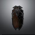 Medieval Battle Shield With Metal Frame Wooden Texture Central Emblem And Ornate Edges