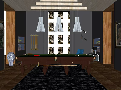 Stylish Billiard Room With Pool Table Three Pendant Lights Black Area Rug And Wooden Accents 3d model