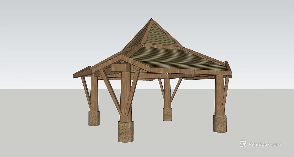 Outdoor Wooden Pavilion Structure With Triangular Roof And Stone Base Pillars 3d model 