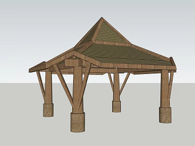 Outdoor Wooden Pavilion Structure With Triangular Roof And Stone Base Pillars 3d model