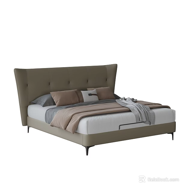 Modern Double Bed With Beige Tufted Headboard And Brown Gray Bedding 3d model
