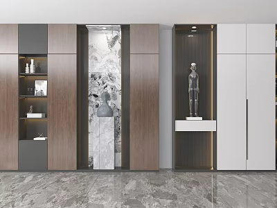 Modern Luxury Bookcase Interior With Wooden Cabinetry Marble Accents And Decorative Figurines 3d model