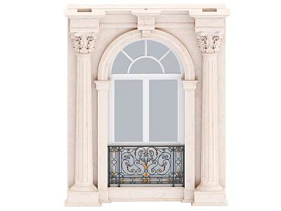 Decorative Stone Window Frame With Arched Top Ornate Columns And Wrought Iron Railing 3d model