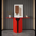 Modern Red Console Table Interior Design With Striped Wall Artwork Vase Plant And Metallic Decor