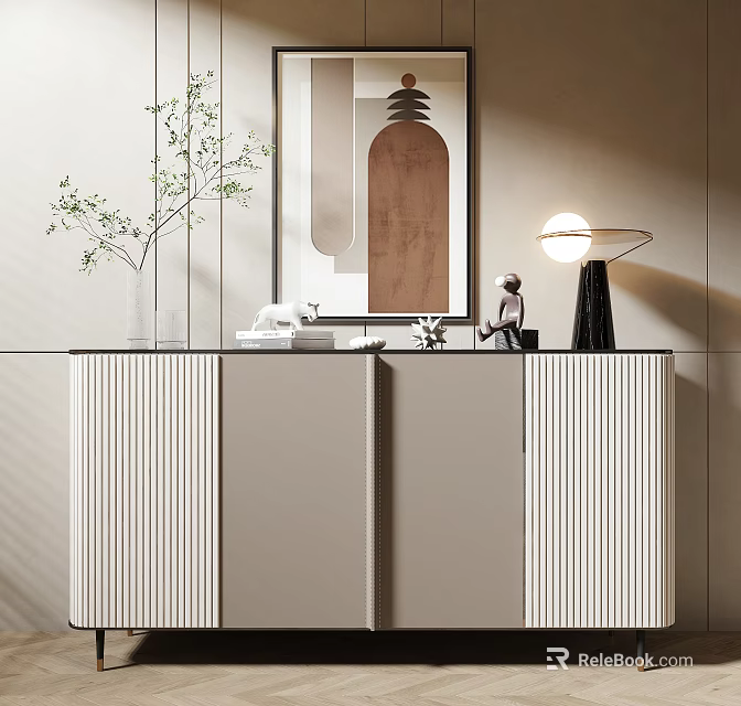Modern Console Cabinet And Sideboard With Decorative Plant Table Lamp And Wall Art 3d model 