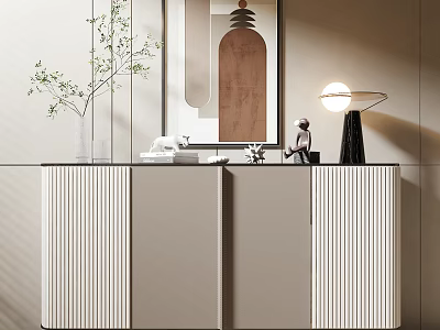 Modern Console Cabinet And Sideboard With Decorative Plant Table Lamp And Wall Art 3d model