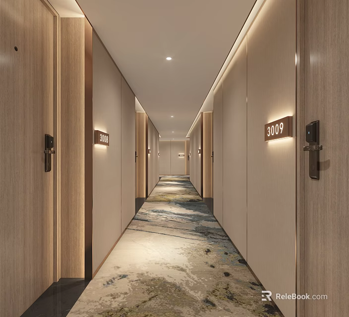 Hotel Corridor with Wooden Doors on Both Sides Room Number Signs Carpet and Modern Lighting 3d model 