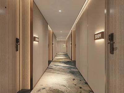 Hotel Corridor with Wooden Doors on Both Sides Room Number Signs Carpet and Modern Lighting 3d model