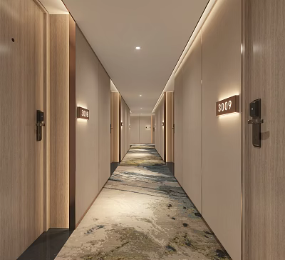 Hotel Corridor with Wooden Doors on Both Sides Room Number Signs Carpet and Modern Lighting 3d model