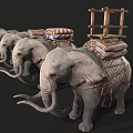 Group of Five Elephants Carrying Cargo with Traditional Saddles and Wooden Structures