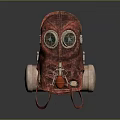 Red Steampunk Mask With Green Lenses And Metal Respirator Components