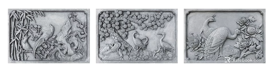 Decorative Square Stone Carving with Grapes Trees and Cranes Design 3d model 