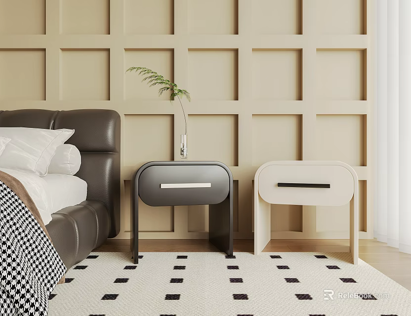 Modern Bedside Tables With Geometric Wall Panel And Bedroom Decor Elements 3d model