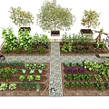 Organic Vegetable Garden Landscape With Raised Beds Stone Path Fruit Trees And Gardening Tools
