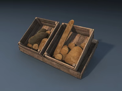 Open Wooden Crates Filled with Fresh Bread Loaves and Baguettes 3d model