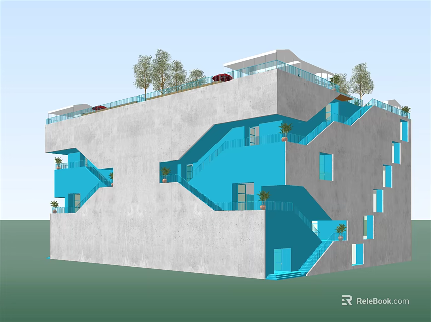 Modern Building Exterior With Gray Walls Blue Stairs Rooftop Trees And Parked Cars 3d model 