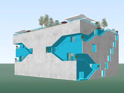 Modern Building Exterior With Gray Walls Blue Stairs Rooftop Trees And Parked Cars 3d model