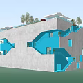 Modern Building Exterior With Gray Walls Blue Stairs Rooftop Trees And Parked Cars
