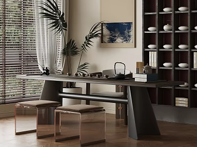 Tea Room Interior With Long Table Stools Teapot Shelves White Bowls And Palm Plant 3d model