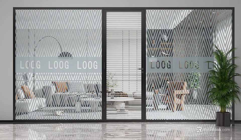 Modern Glass Partition With Geometric Pattern Separating Living Room Interior Space With Sofa And Plants 3d model 