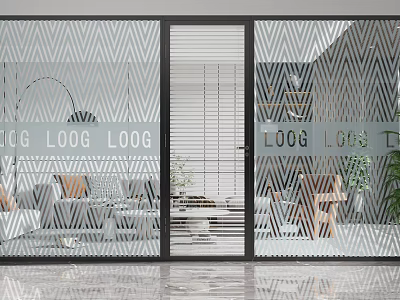 Modern Glass Partition With Geometric Pattern Separating Living Room Interior Space With Sofa And Plants 3d model