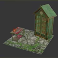 Garden Scene With Green Wooden Shed Pink Table And Orange Decor On Mossy Stone Ground