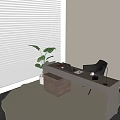 Wooden Desk and Black Chair Set with Notebook Coffee Cup Lamp and Green Plant